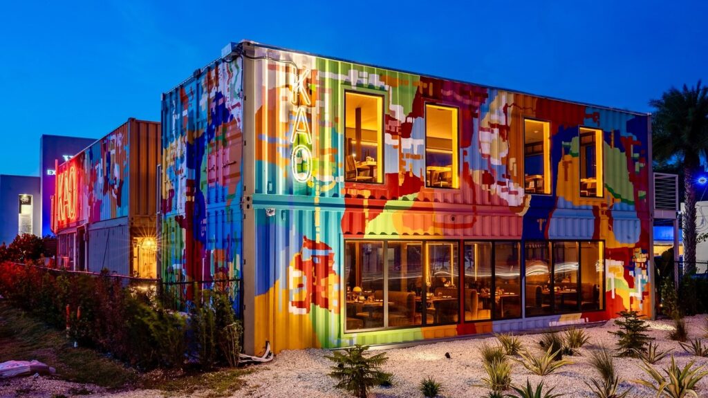 KAO Bar and Grill, shipping container restaurant bar in Hallandale Beach FL, USA
